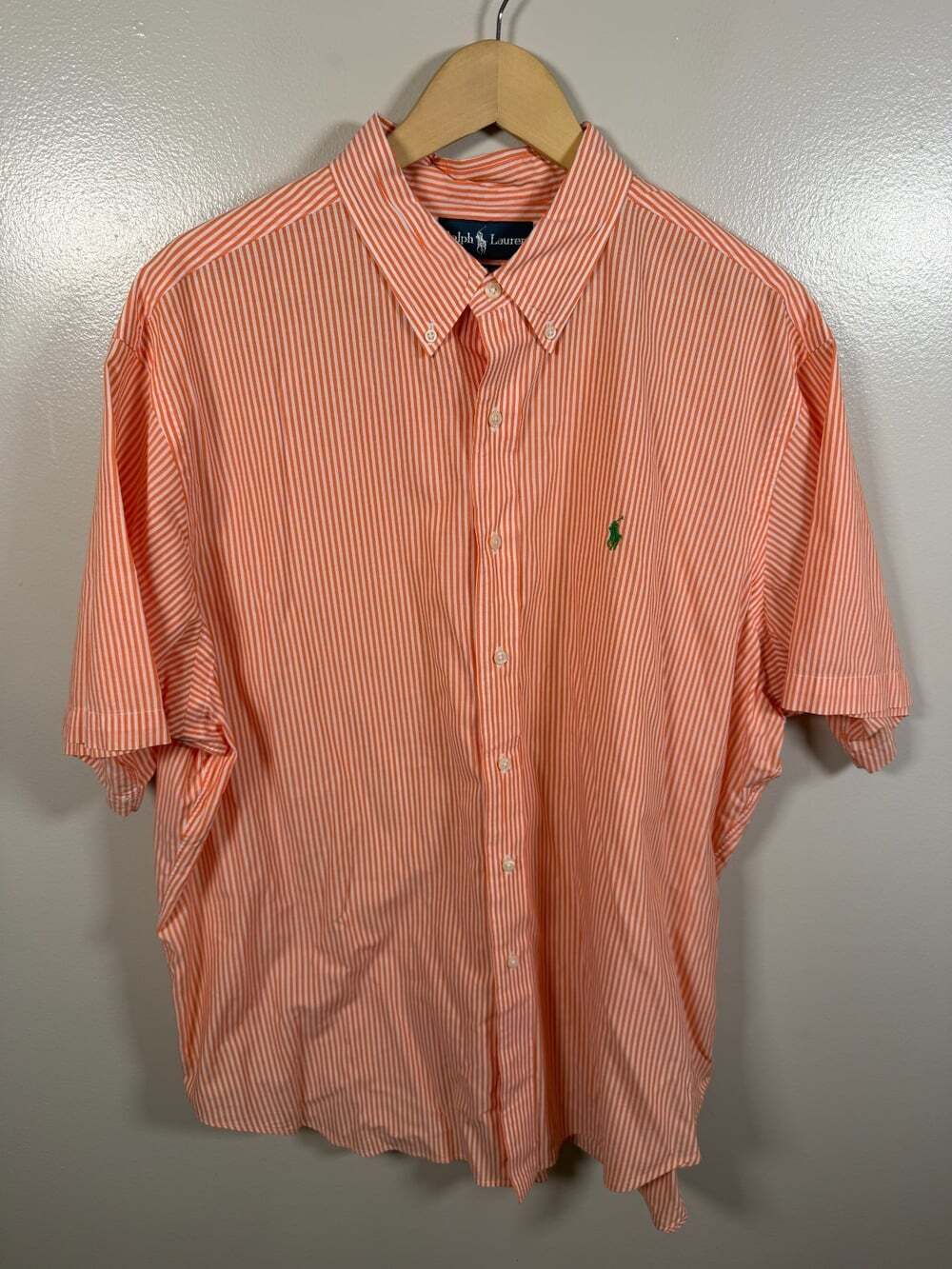 Ralph Lauren Classic Fit Shirt Mens XXL Orange White Striped Short Sleeve Pony